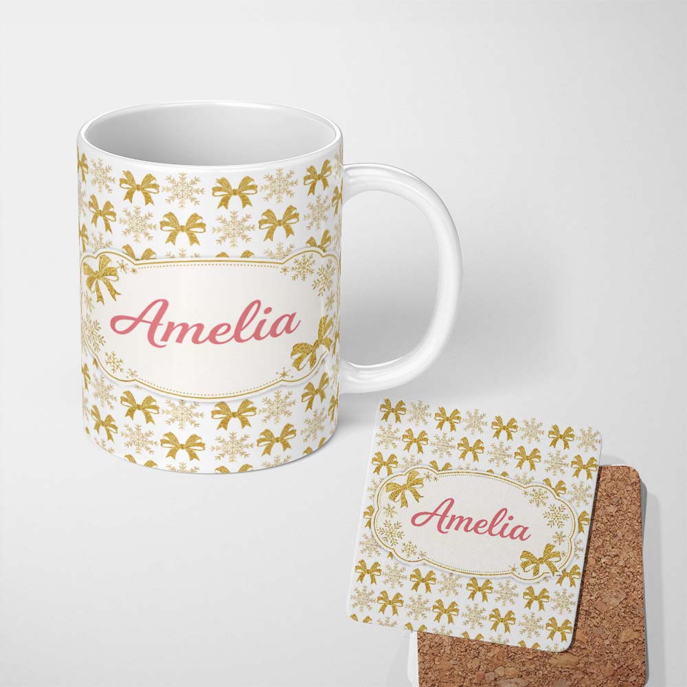Personalized Custom Name Gold Glitter Snowflake and Bow Christmas Pattern Cute Unique Gift 11oz Ceramic Coffee Tea Mug White Large Handle