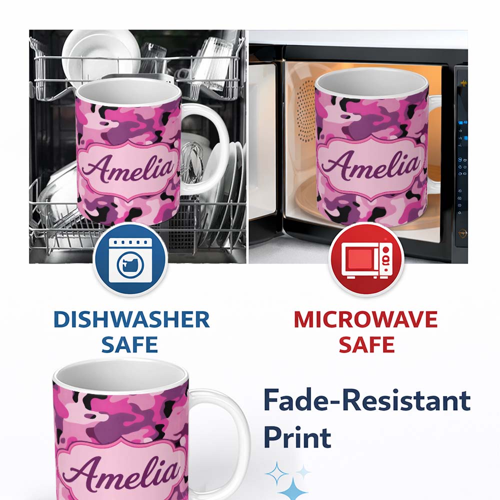 Personalized Custom Name Pink Purple Camouflage Fashion Style Seamless Pattern Lovely 11oz Ceramic Coffee Tea Mug White Large Handle