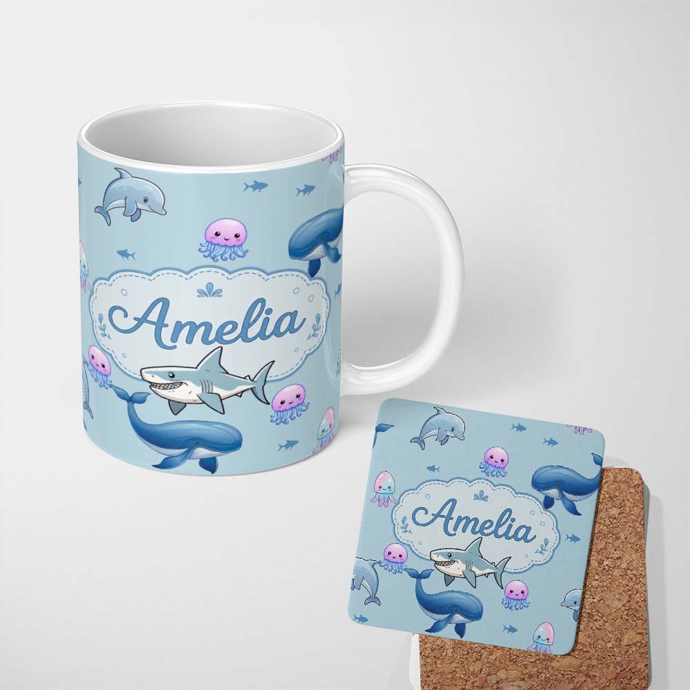Personalized Custom Name Cute Dolphin Shark and Jellyfish Ocean Animals Seamless Pattern 11oz Ceramic Coffee Tea Mug White Large Handle