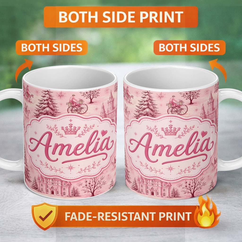 Personalized Custom Name Vintage Pink Winter Village Scenic Seamless Pattern Cute Unique Gift 11oz Ceramic Coffee Tea Mug White Large Handle