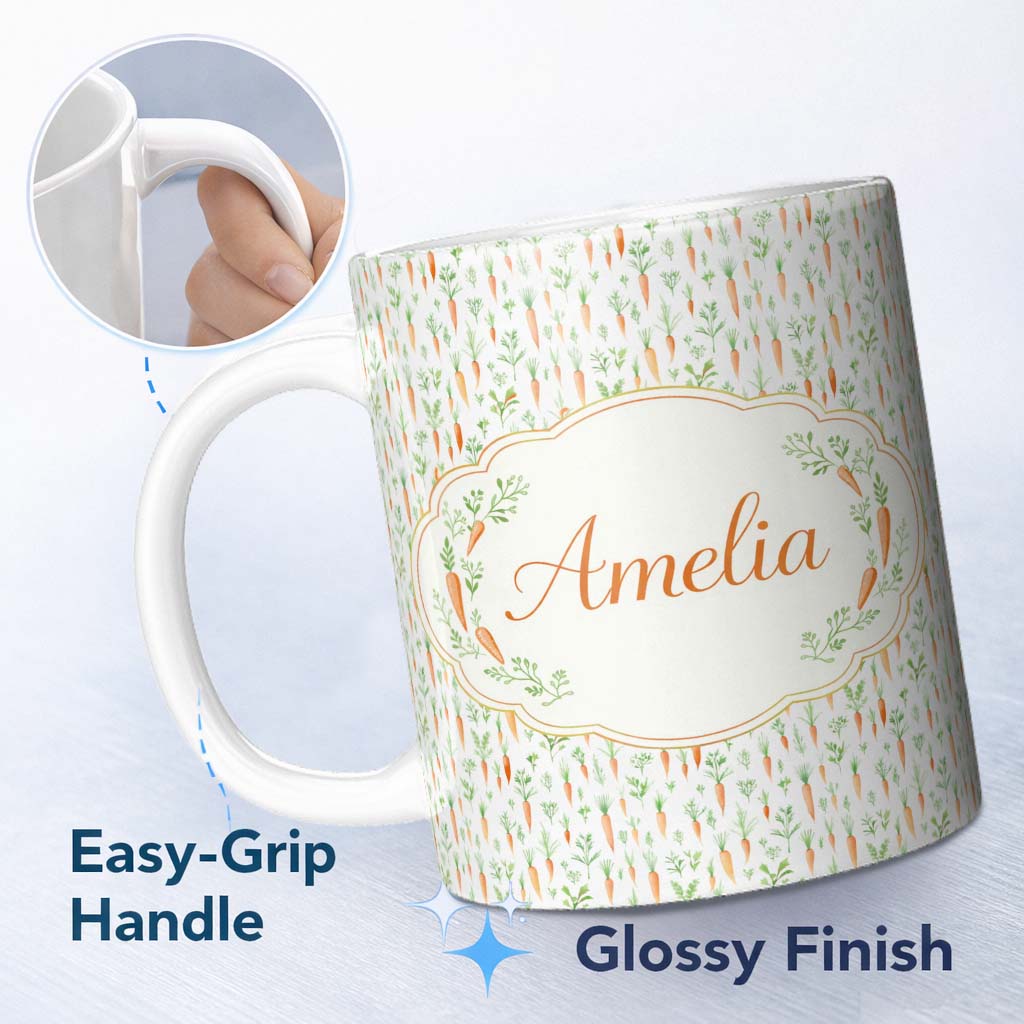 Personalized Custom Name Watercolor Carrot and Herb Botanical Seamless Pattern Lovely 11oz Ceramic Coffee Tea Mug White Large Handle