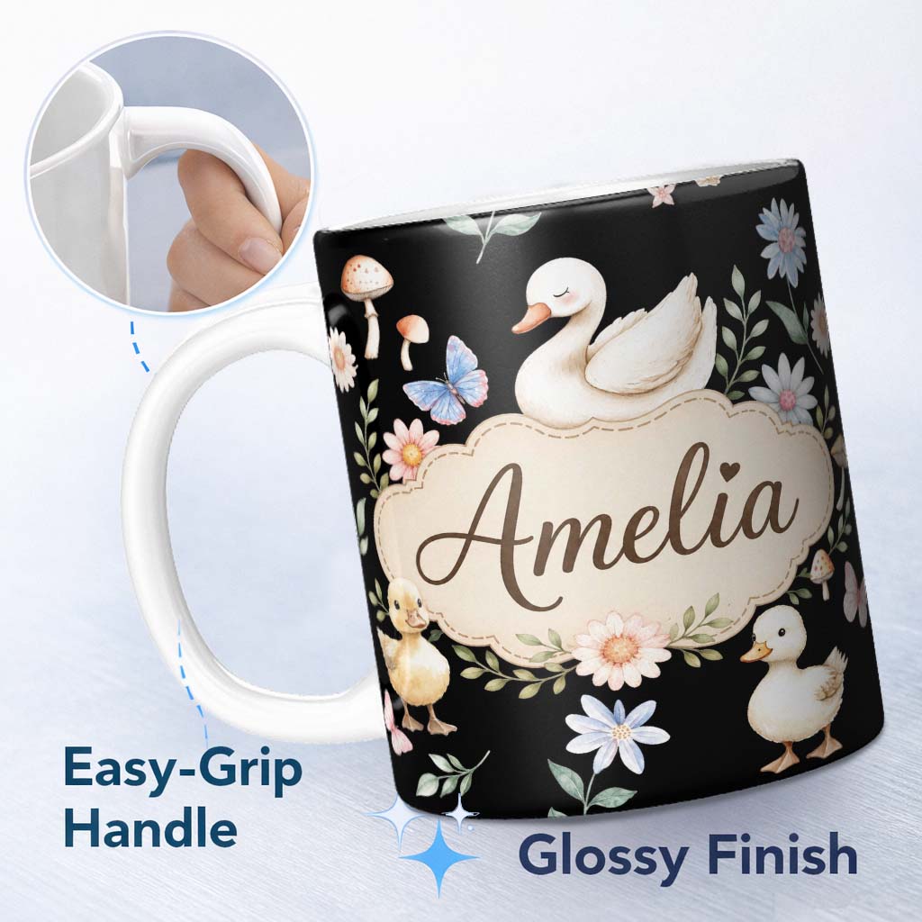 Personalized Custom Name Swan Duckling Butterflies Flowers Mushrooms Soft Watercolor 11oz Ceramic Coffee Tea Mug White Large Handle