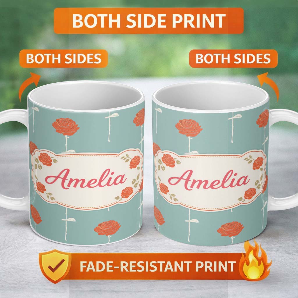 Personalized Custom Name Red Rose Minimal Pattern Blue Background Elegant Design Lovely 11oz Ceramic Coffee Tea Mug White Large Handle