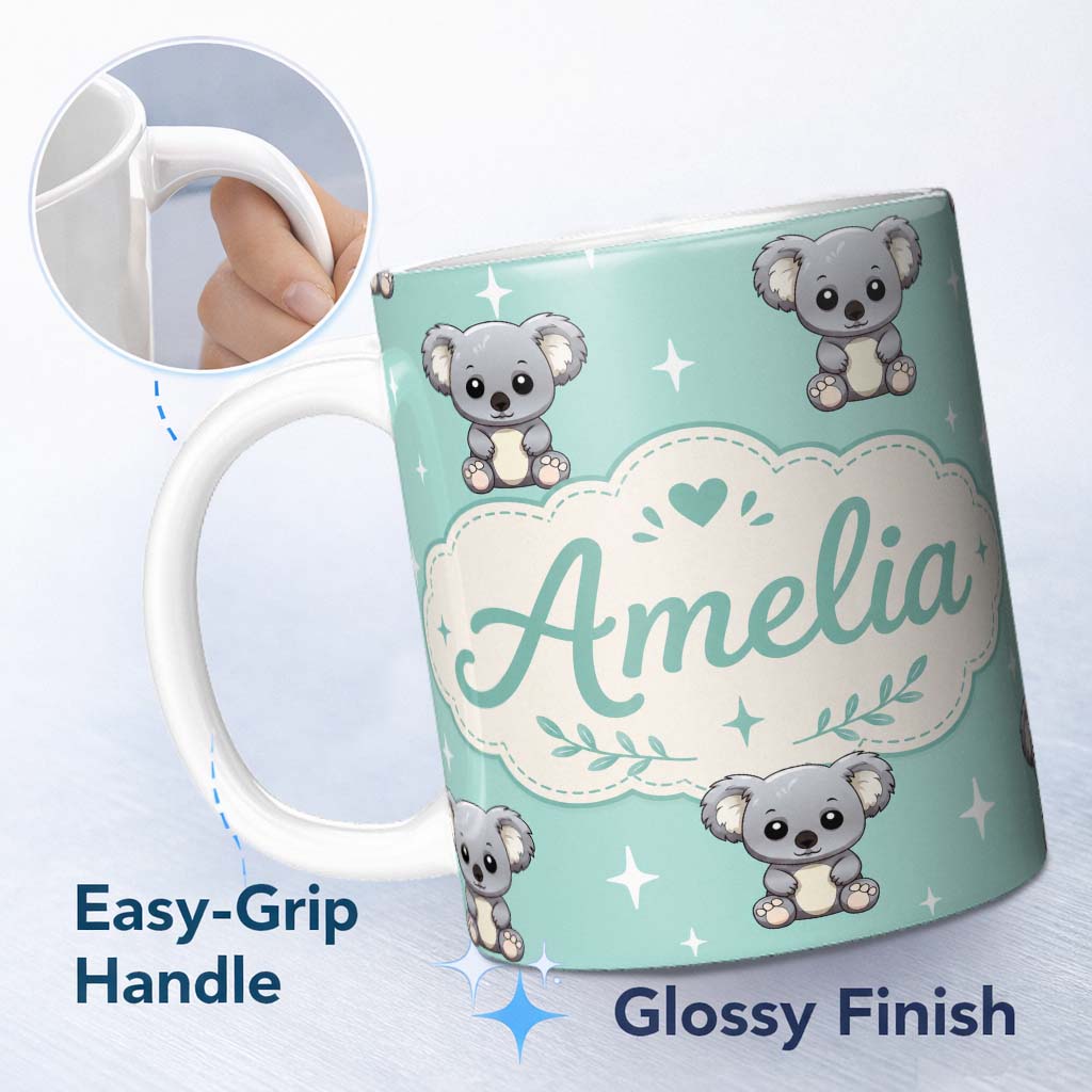 Personalized Custom Name Cute Koala Bears with Stars Mint Green Background Seamless Pattern 11oz Ceramic Coffee Tea Mug White Large Handle