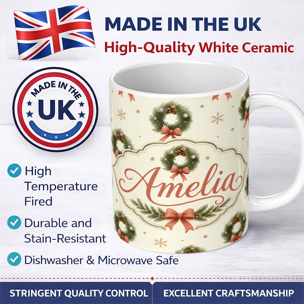 Personalized Custom Name Watercolor Christmas Wreath Bow Pinecone Snowflake Seamless Pattern 11oz Ceramic Coffee Tea Mug White Large Handle