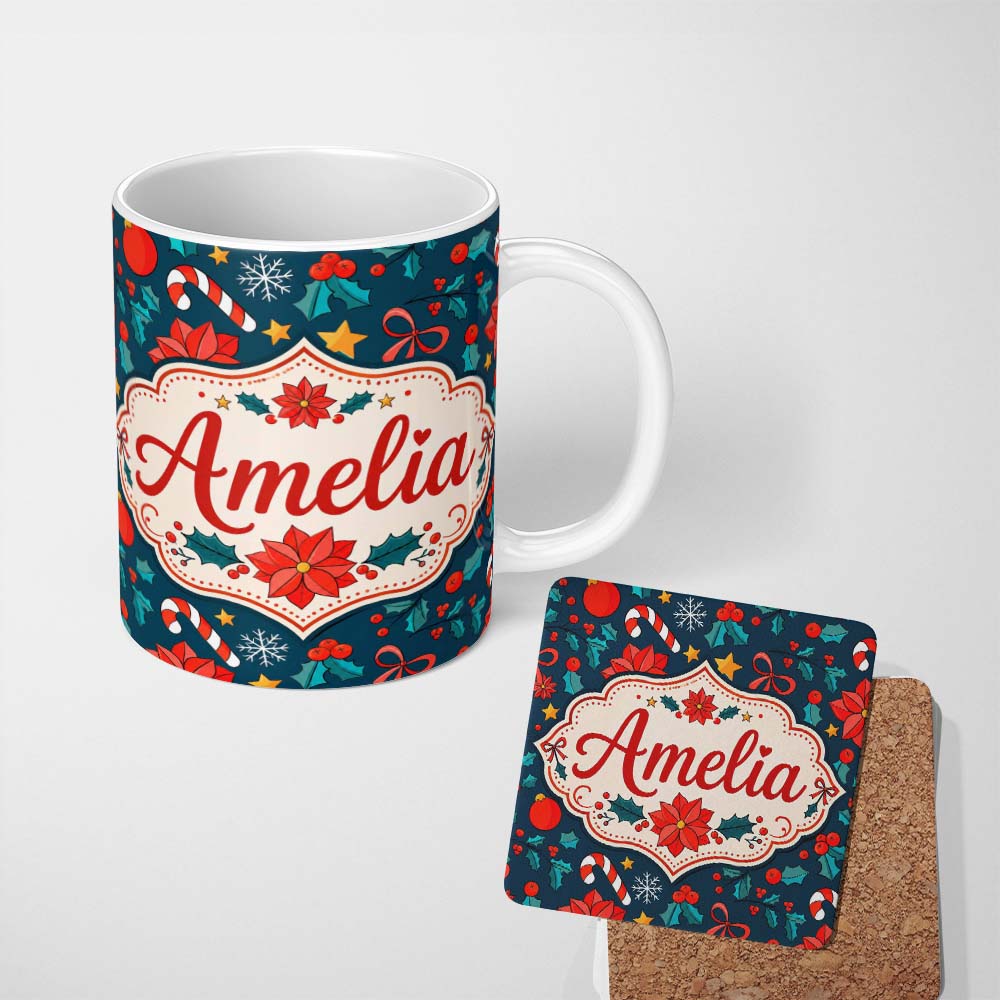 Personalized Custom Name Cute Poinsettia Candy Cane Star Seamless Pattern Festive Floral 11oz Ceramic Coffee Tea Mug White Large Handle