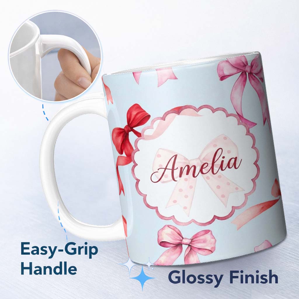 Personalized Custom Name Watercolor Red and Pink Ribbon Bows Soft Blue Background Cute Girly 11oz Ceramic Coffee Tea Mug White Large Handle