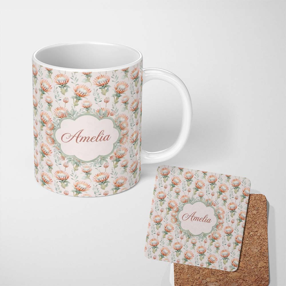Personalized Custom Name Pastel Protea Flowers with Minimal Leaves Seamless Pattern Lovely 11oz Ceramic Coffee Tea Mug White Large Handle