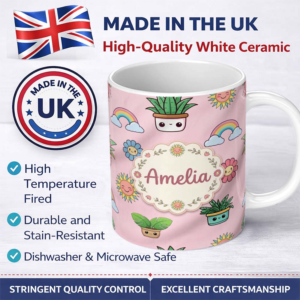 Personalized Custom Name Cute Kawaii Rainbow Sun Flowers Plant Pots Seamless Pattern Pink 11oz Ceramic Coffee Tea Mug White Large Handle