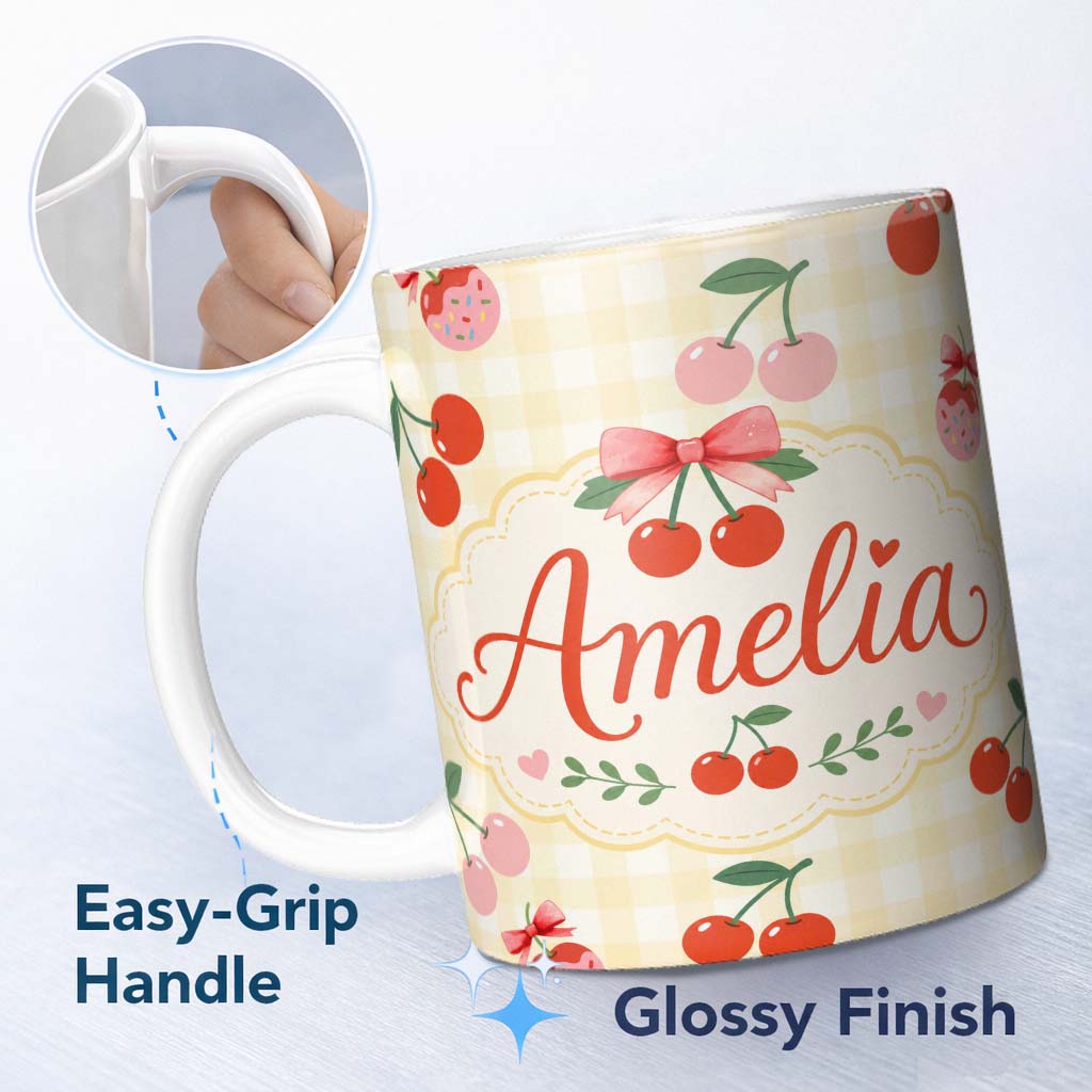 Personalized Custom Name Cute Cherry Fruit with Bow and Sprinkles Yellow Gingham Check Lovely 11oz Ceramic Coffee Tea Mug White Large Handle