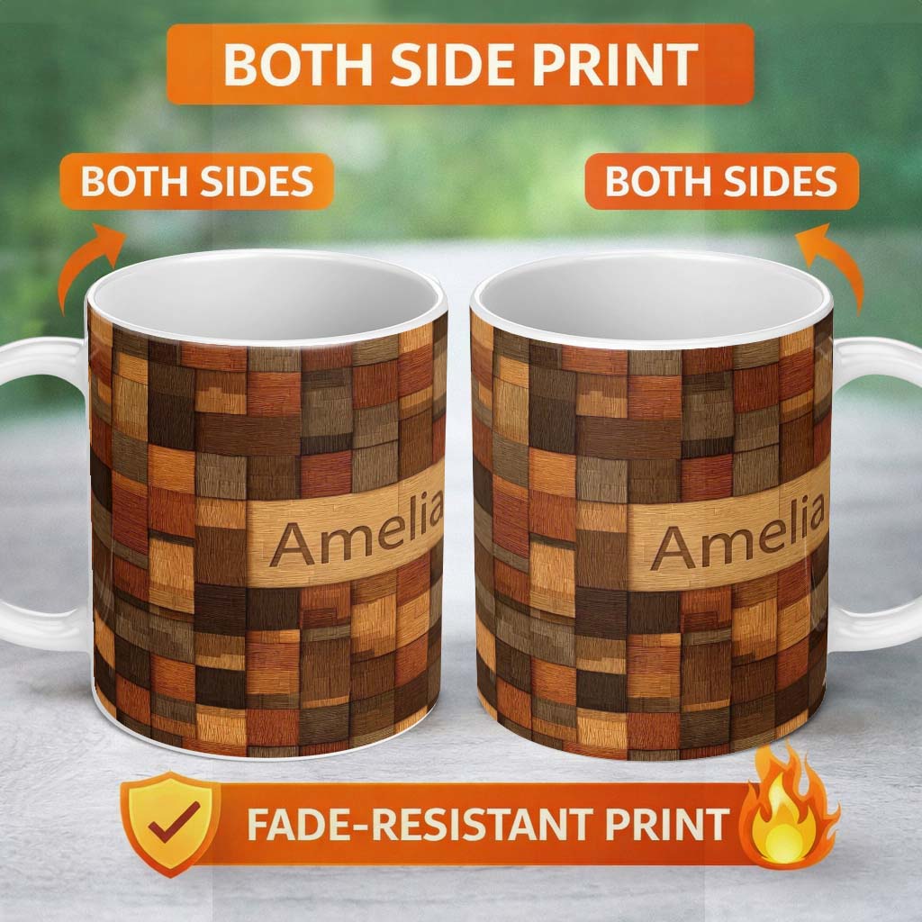 Personalized Custom Name Wooden Parquet Square Texture Seamless Pattern Thoughtful Gift Idea 11oz Ceramic Coffee Tea Mug White Large Handle