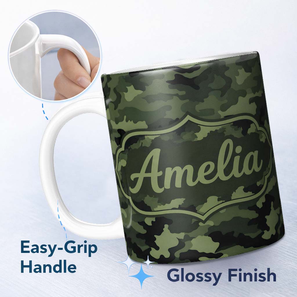 Personalized Custom Name Dark Green Military Camouflage Seamless Pattern Cute Unique Gift 11oz Ceramic Coffee Tea Mug White Large Handle