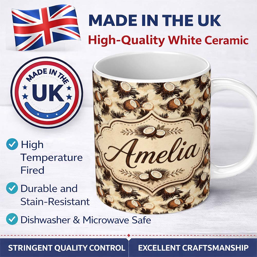 Personalized Custom Name Vintage Coconut Palm Tropical Beige Seamless Pattern Lovely 11oz Ceramic Coffee Tea Mug White Large Handle