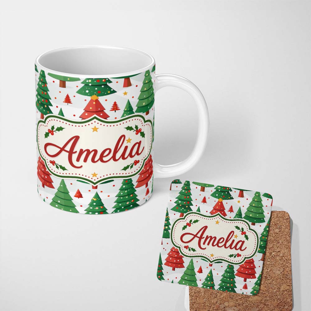 Personalized Custom Name Cute Christmas Trees in Red and Green with Falling Snow Seamless 11oz Ceramic Coffee Tea Mug White Large Handle