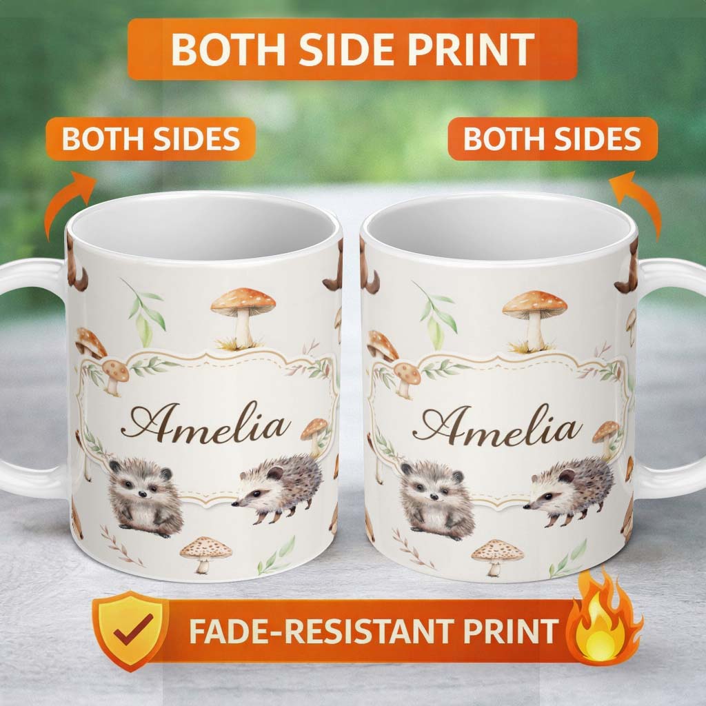 Personalized Custom Name Cute Woodland Hedgehog Mushrooms Leaves Seamless Soft Grey 11oz Ceramic Coffee Tea Mug White Large Handle