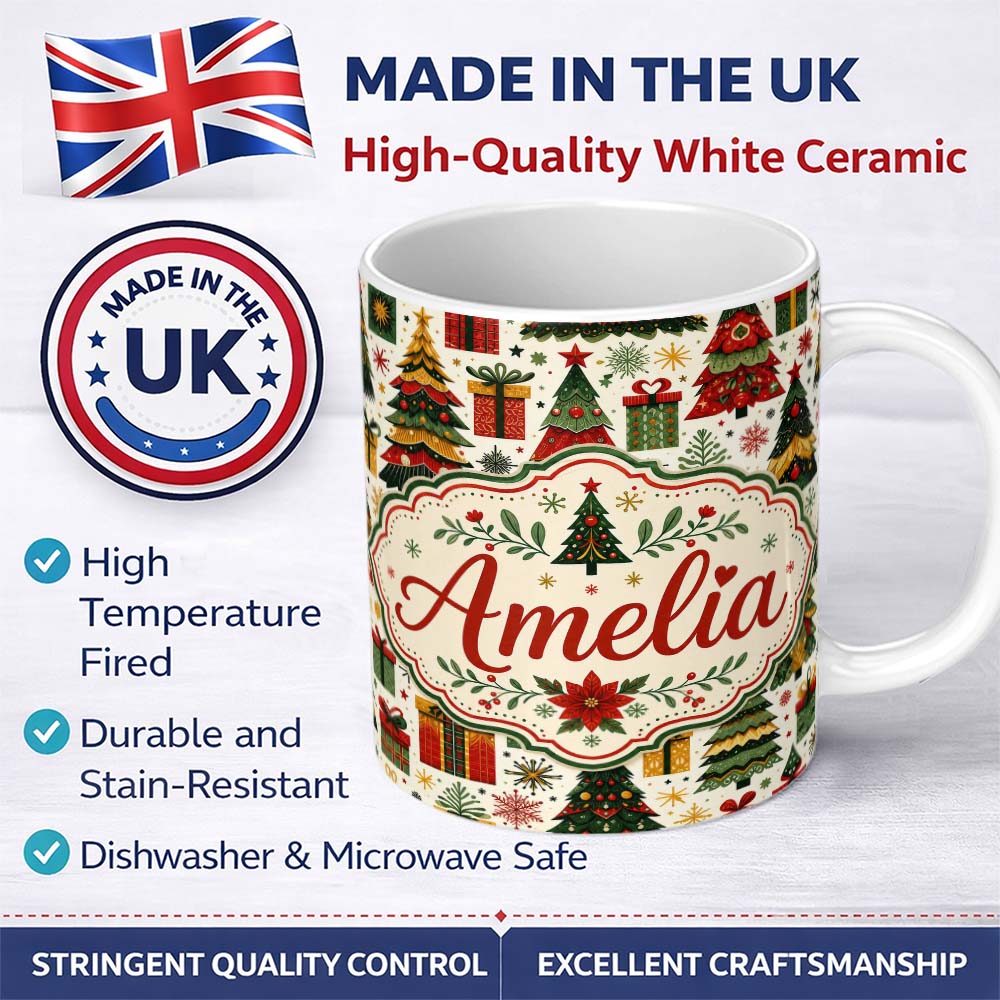 Personalized Custom Name Cute Christmas Tree Gift Holiday Festive Seamless Pattern Lovely 11oz Ceramic Coffee Tea Mug White Large Handle