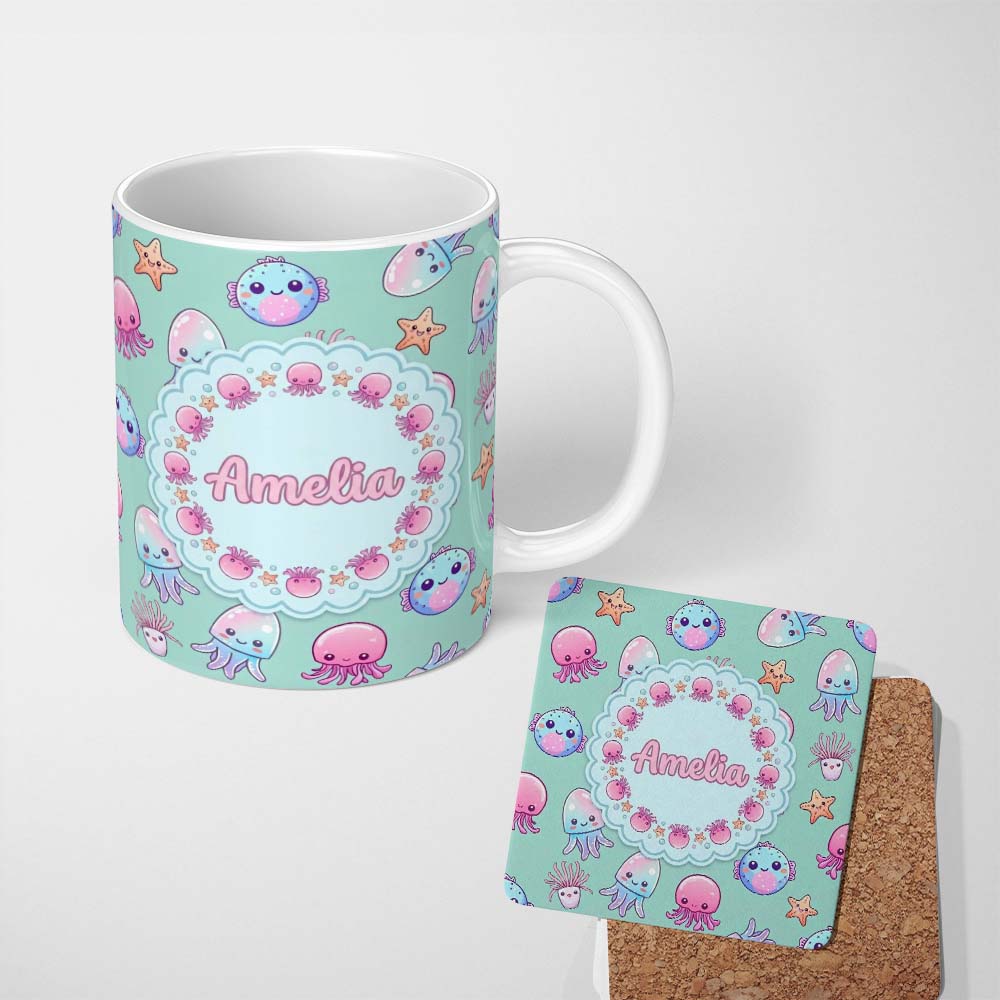Personalized Custom Name Kawaii Jellyfish Puffer Fish Starfish Pastel Ocean Creatures Mint 11oz Ceramic Coffee Tea Mug White Large Handle