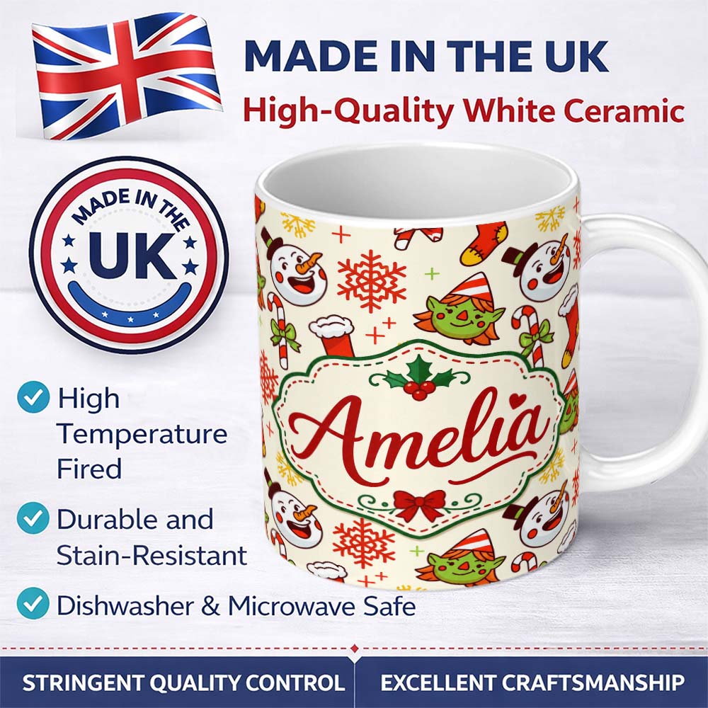 Personalized Custom Name Cute Snowman Elf Candy Cane Christmas Stocking Festive Seamless 11oz Ceramic Coffee Tea Mug White Large Handle