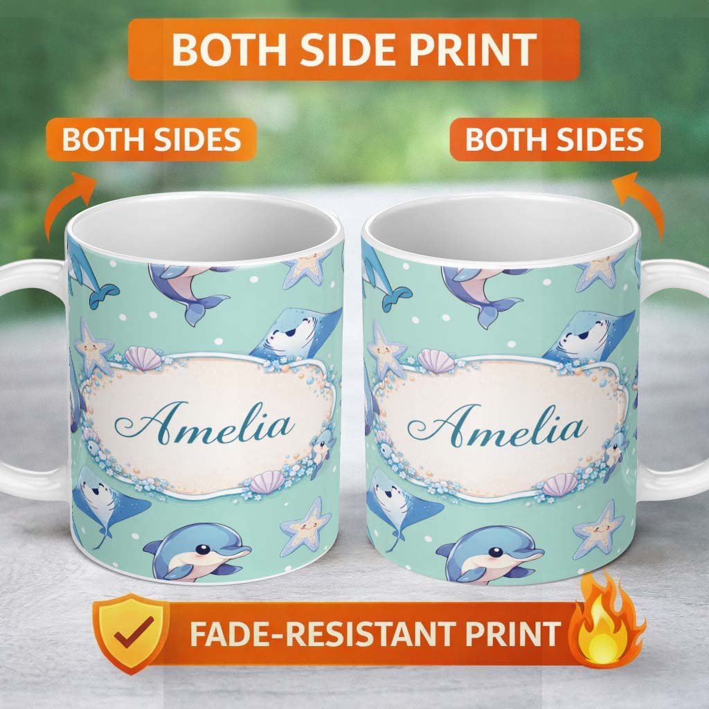 Personalized Custom Name Cute Dolphin Stingray Starfish Cartoon Sea Life Pattern Mint Lovely 11oz Ceramic Coffee Tea Mug White Large Handle