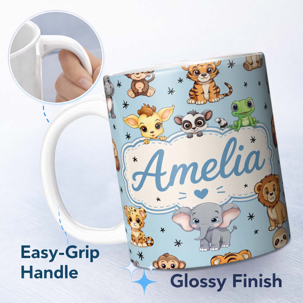 Personalized Custom Name Cute Jungle Baby Animals Lion Tiger Elephant Giraffe Pattern Blue 11oz Ceramic Coffee Tea Mug White Large Handle