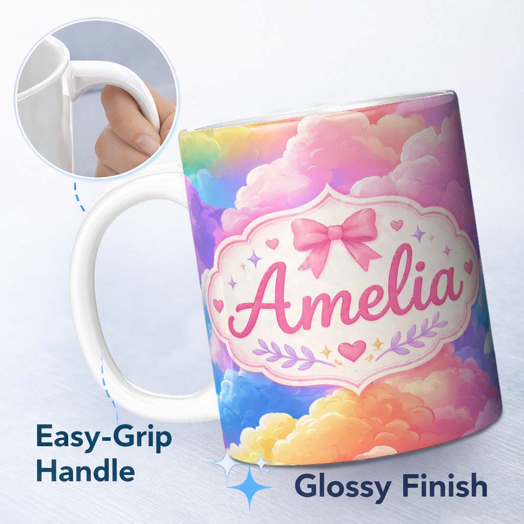Personalized Custom Name Pastel Rainbow Cloud Sky Dreamy Seamless Pattern Cute Unique Gift 11oz Ceramic Coffee Tea Mug White Large Handle