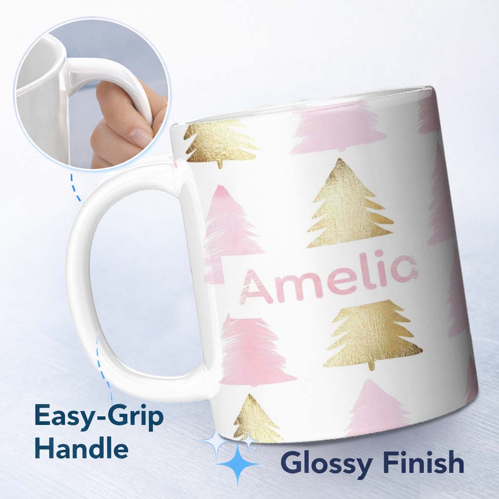Personalized Custom Name Minimal Gold Pink Christmas Tree Seamless Pattern Cute Unique Gift 11oz Ceramic Coffee Tea Mug White Large Handle