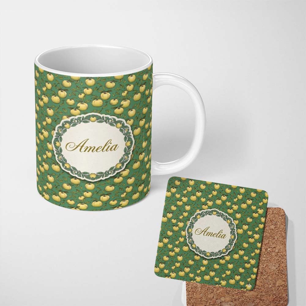 Personalized Custom Name Vintage Yellow Apples with Leaves on Green Background Seamless 11oz Ceramic Coffee Tea Mug White Large Handle