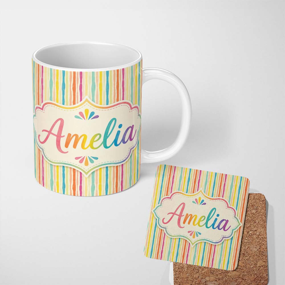Personalized Custom Name Muted Multicolour Vertical Stripe Texture Seamless Pattern Lovely 11oz Ceramic Coffee Tea Mug White Large Handle