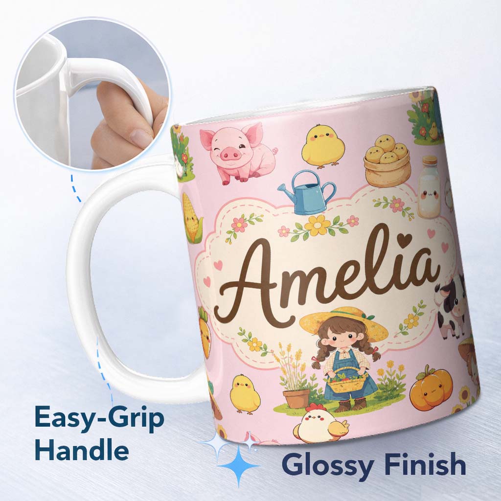 Personalized Custom Name Cute Farm Animals Girl Pig Cow Chicken Soft Pink Background Seamless 11oz Ceramic Coffee Tea Mug White Large Handle