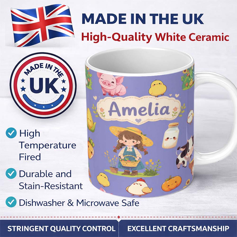 Personalized Custom Name Cute Farm Girl Pig Cow Chicken Corn Milk Purple Background Seamless 11oz Ceramic Coffee Tea Mug White Large Handle