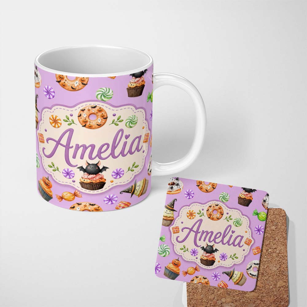 Personalized Custom Name Cute Halloween Spooky Donuts Cupcakes Treats Purple Background 11oz Ceramic Coffee Tea Mug White Large Handle