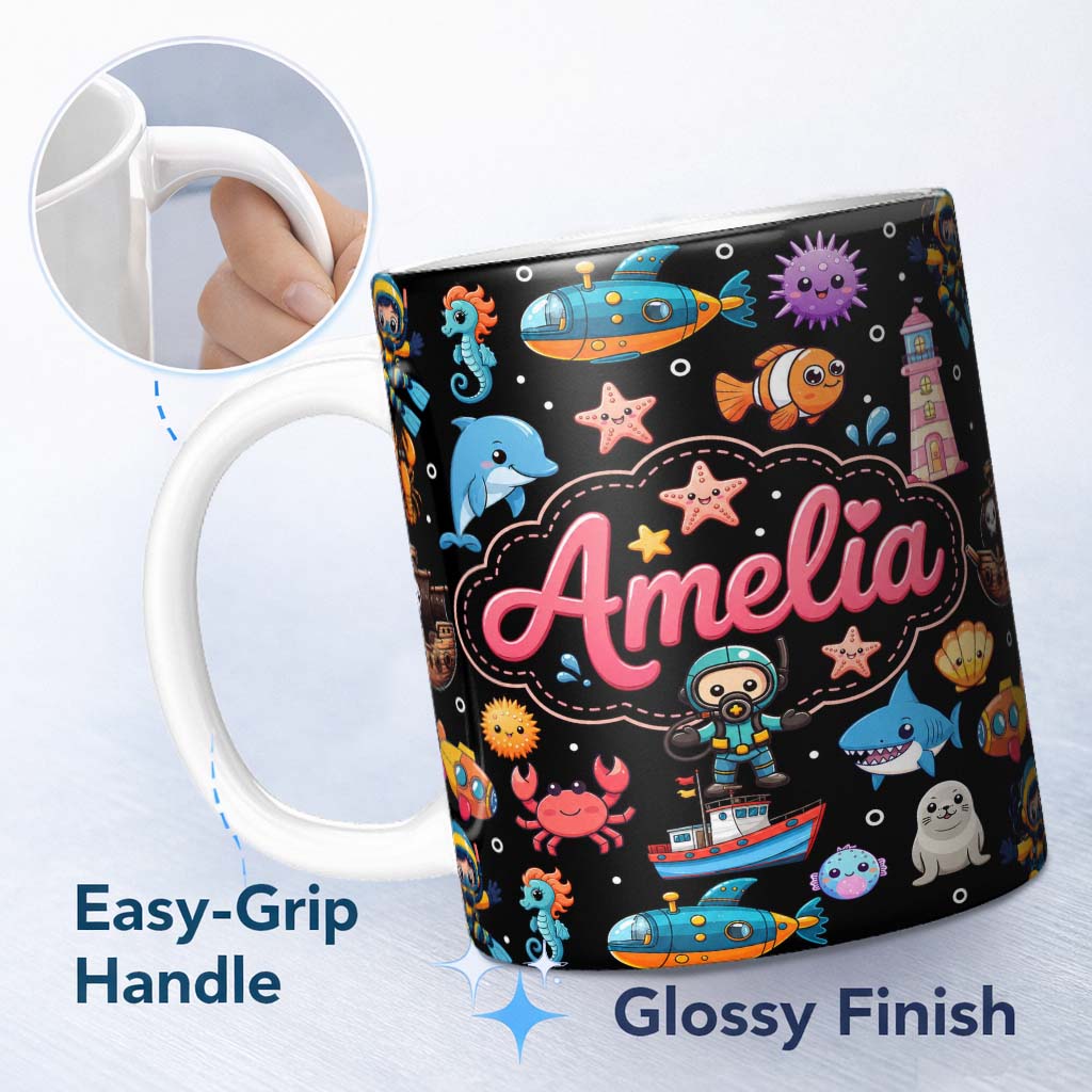 Personalized Custom Name Cartoon Ocean with Various Sea Creatures on Black Bubble Background 11oz Ceramic Coffee Tea Mug White Large Handle