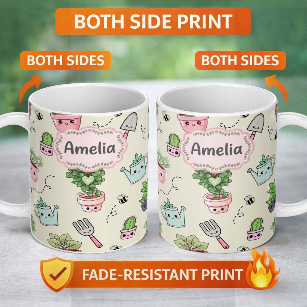 Personalized Custom Name Cute Kawaii Garden Tools Plants Bees Seamless Pattern Cream Lovely 11oz Ceramic Coffee Tea Mug White Large Handle