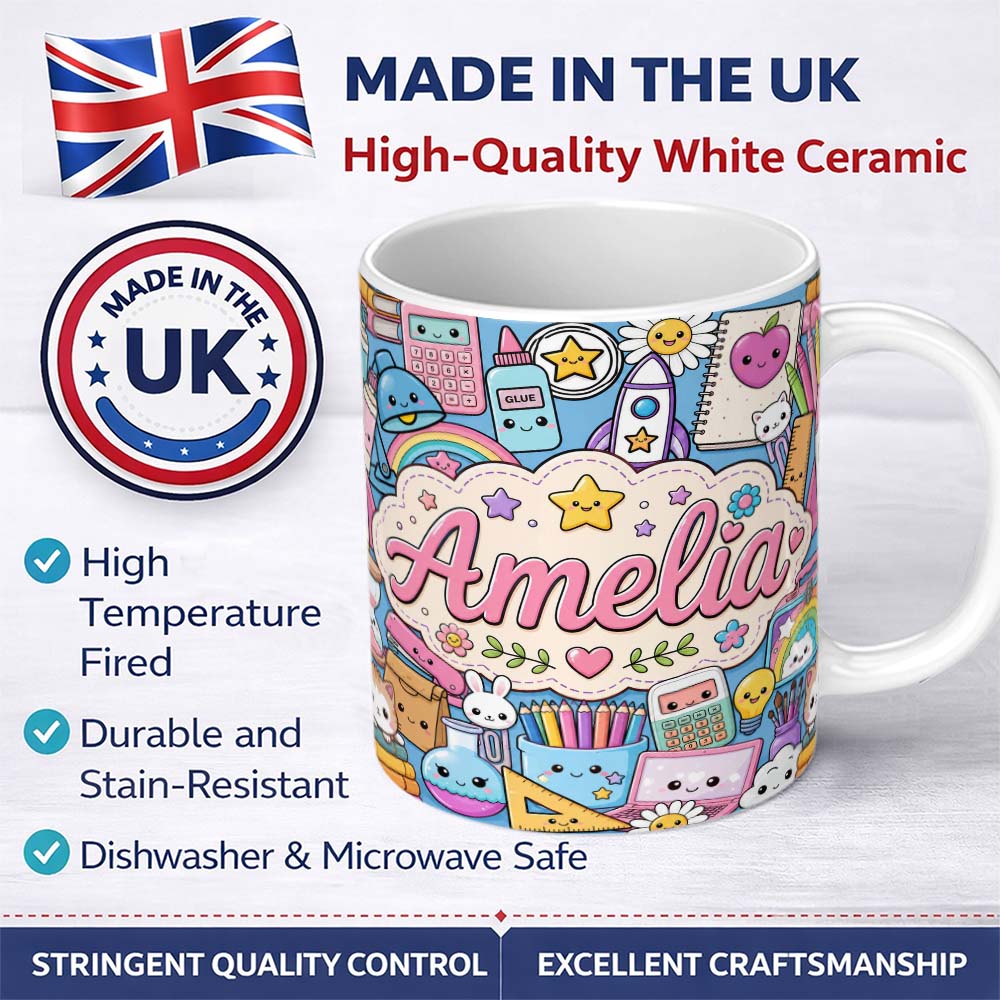 Personalized Custom Name Cute Kawaii School Supplies Science Art Cute Pattern Blue Background 11oz Ceramic Coffee Tea Mug White Large Handle