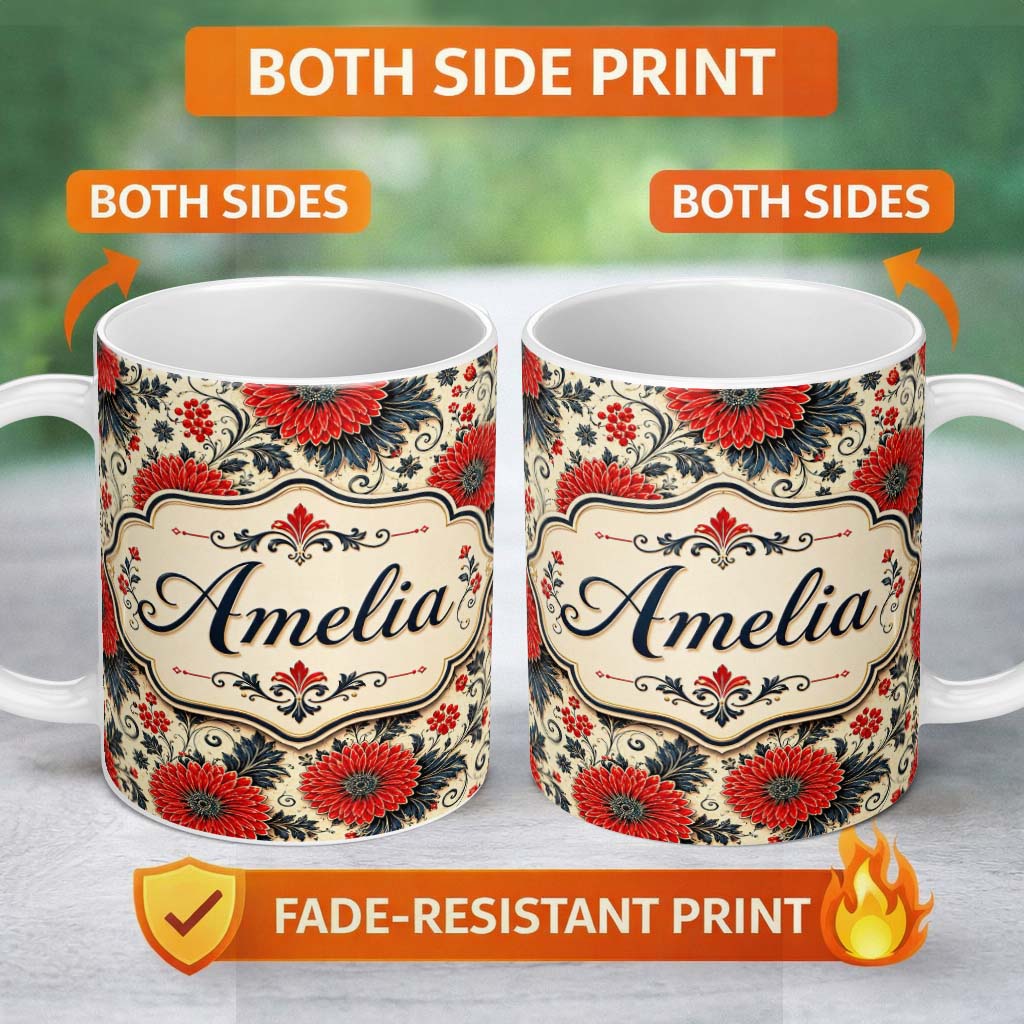 Personalized Custom Name Red Floral Vintage Garden Seamless Pattern Stylish Everyday Mug 11oz Ceramic Coffee Tea Mug White Large Handle