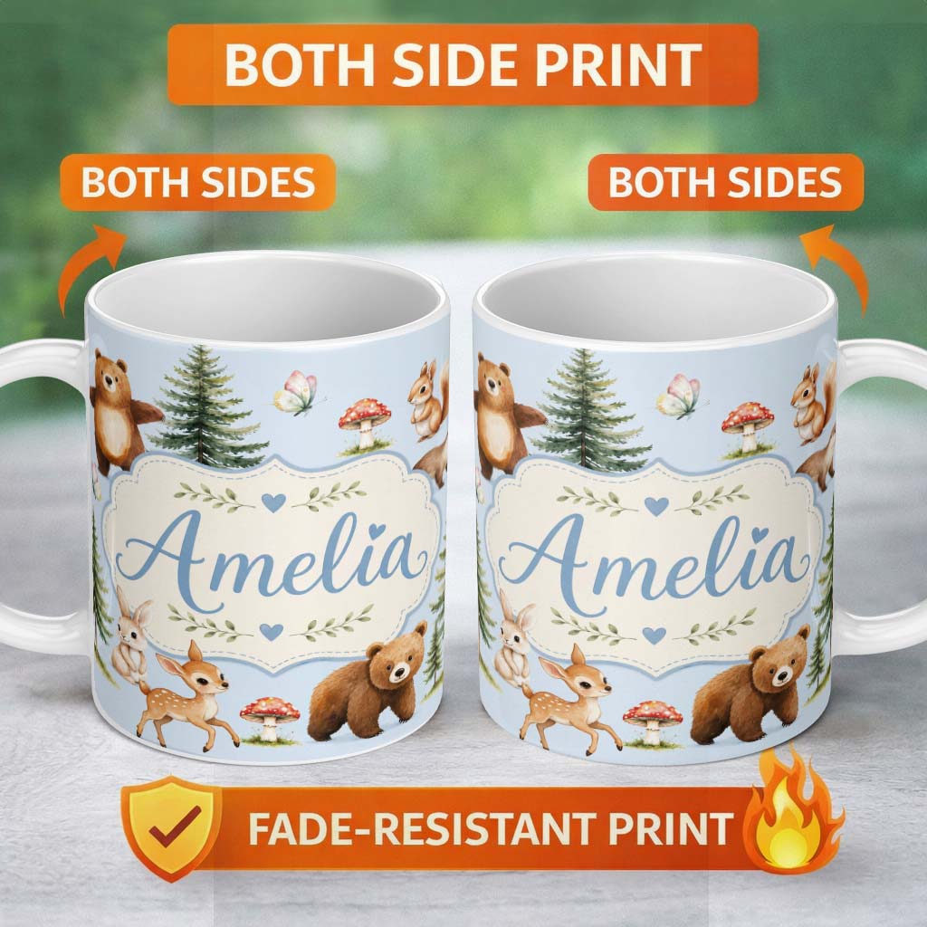 Personalized Custom Name Bear Bunny Squirrel Trees Mushrooms Butterfly Soft Blue Seamless 11oz Ceramic Coffee Tea Mug White Large Handle