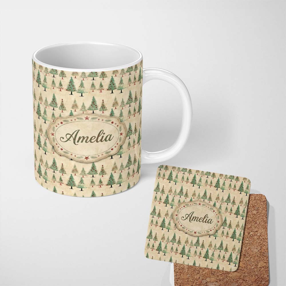 Personalized Custom Name Vintage Christmas Tree Rustic Beige Seamless Pattern Lovely 11oz Ceramic Coffee Tea Mug White Large Handle