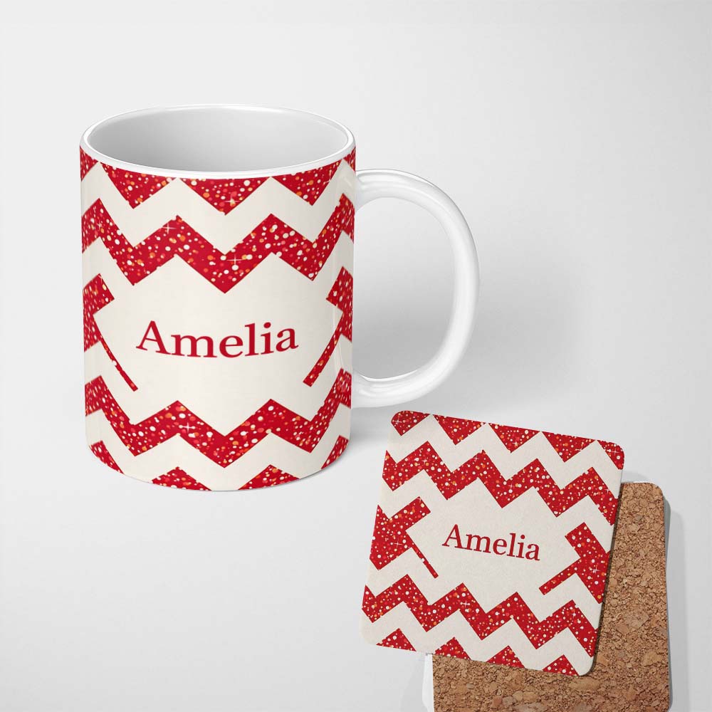 Personalized Custom Name Red Glitter Chevron Pattern Festive Bold Seamless Design Lovely 11oz Ceramic Coffee Tea Mug White Large Handle