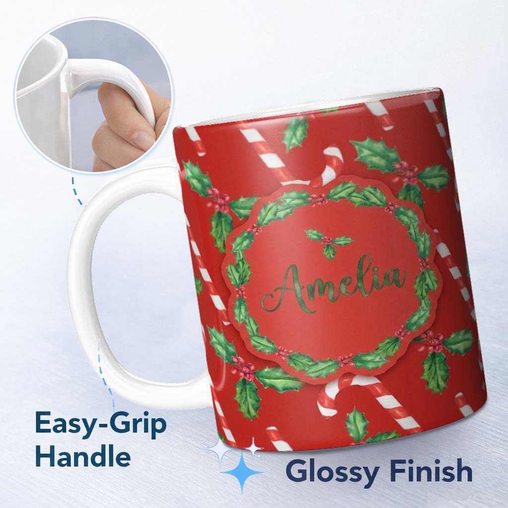 Personalized Custom Name Festive Candy Cane Holly Berry Red Background Seamless Pattern 11oz Ceramic Coffee Tea Mug White Large Handle