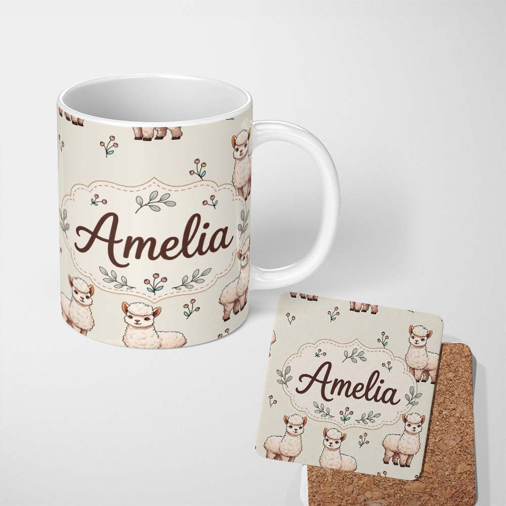 Personalized Custom Name Cute Alpaca Llama Farm Animals Floral Seamless Pattern Cream Lovely 11oz Ceramic Coffee Tea Mug White Large Handle