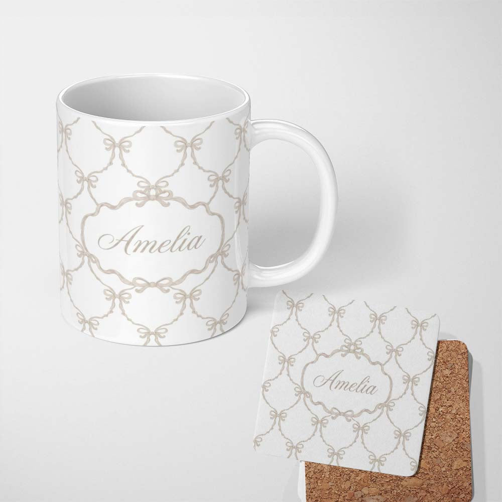 Personalized Custom Name Elegant Ribbon Bow Lattice Seamless Pattern on Soft Neutral Lovely 11oz Ceramic Coffee Tea Mug White Large Handle