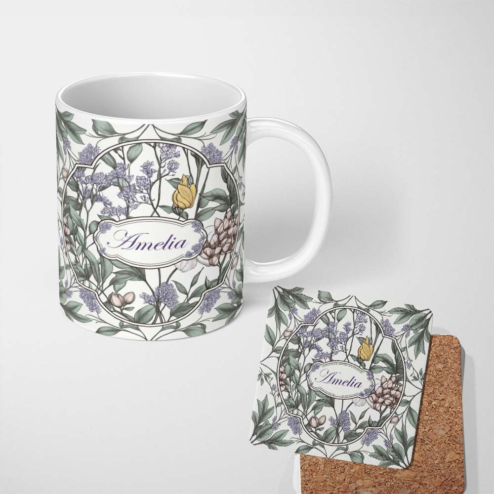 Personalized Custom Name Elegant Vintage Botanical Floral Neutral Background Seamless Pattern 11oz Ceramic Coffee Tea Mug White Large Handle