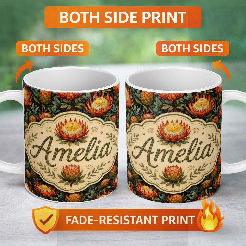Personalized Custom Name Vibrant Yellow and Red Protea Floral Seamless Pattern Lovely 11oz Ceramic Coffee Tea Mug White Large Handle