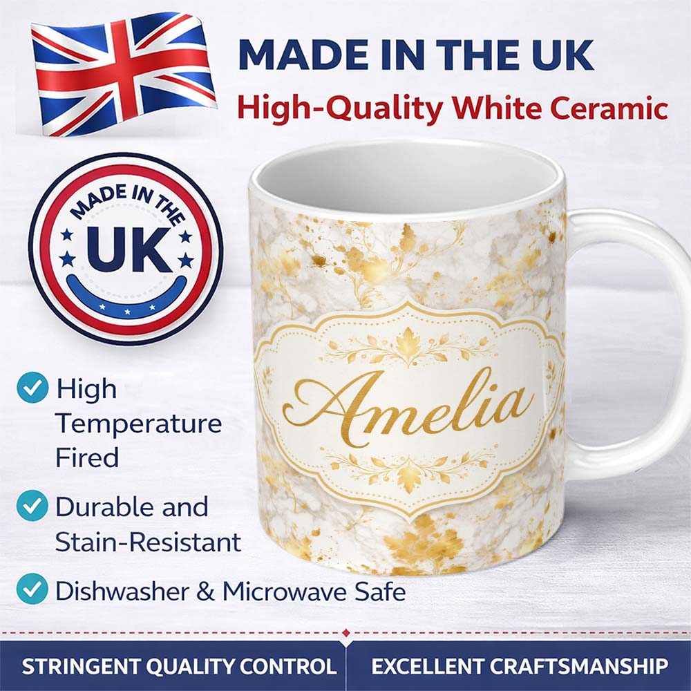Personalized Custom Name Gold Vein Marble White Stone Seamless Pattern Elegant Texture Lovely 11oz Ceramic Coffee Tea Mug White Large Handle