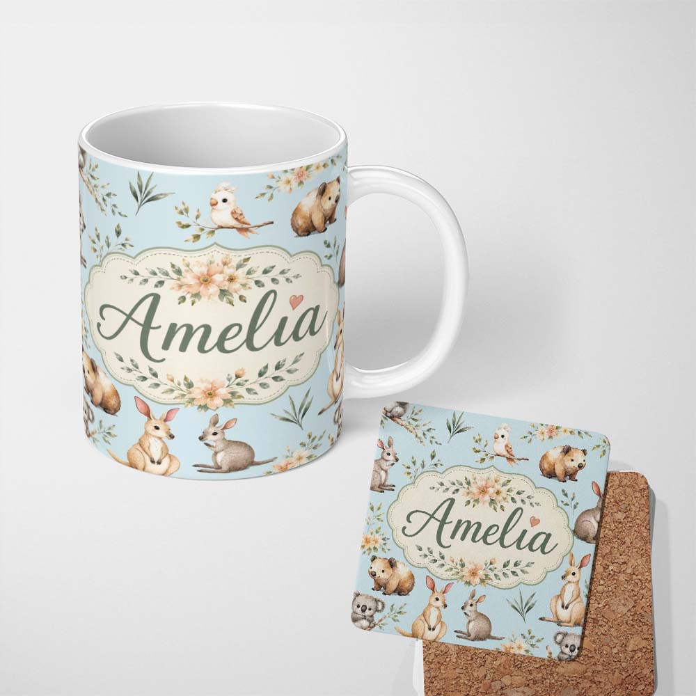 Personalized Custom Name Cute Woodland Animals Koala Kangaroo Bear Floral Pattern Blue Lovely 11oz Ceramic Coffee Tea Mug White Large Handle