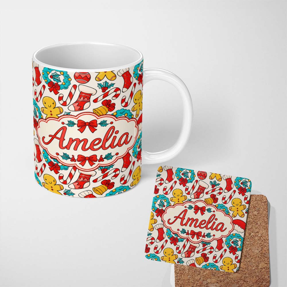 Personalized Custom Name Cute Gingerbread Candy Cane Wreath Stocking Christmas Seamless 11oz Ceramic Coffee Tea Mug White Large Handle