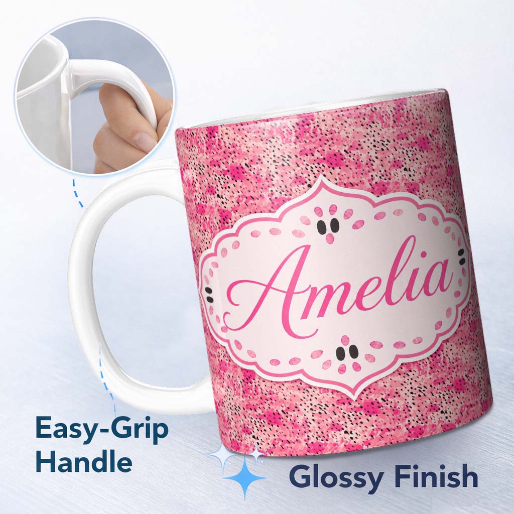 Personalized Custom Name Pink Abstract Speckled Brushstroke Texture Seamless Pattern Lovely 11oz Ceramic Coffee Tea Mug White Large Handle