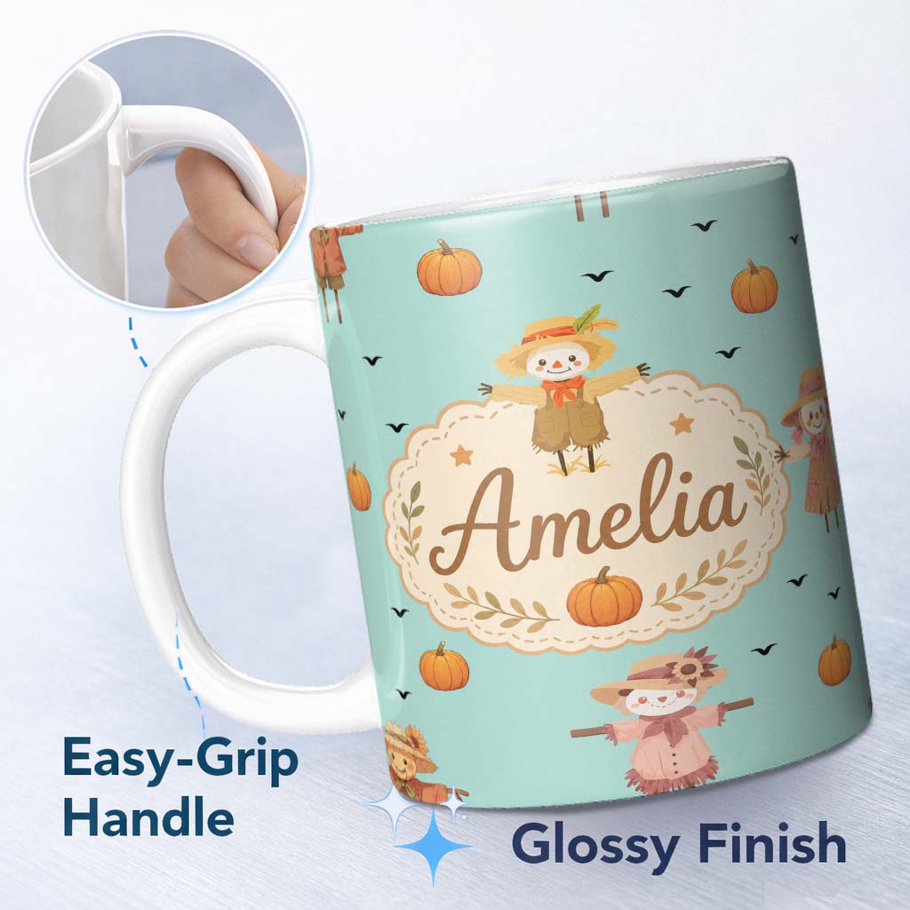 Personalized Custom Name Cute Autumn Scarecrow Pumpkin Birds Seamless Pattern Mint Background 11oz Ceramic Coffee Tea Mug White Large Handle
