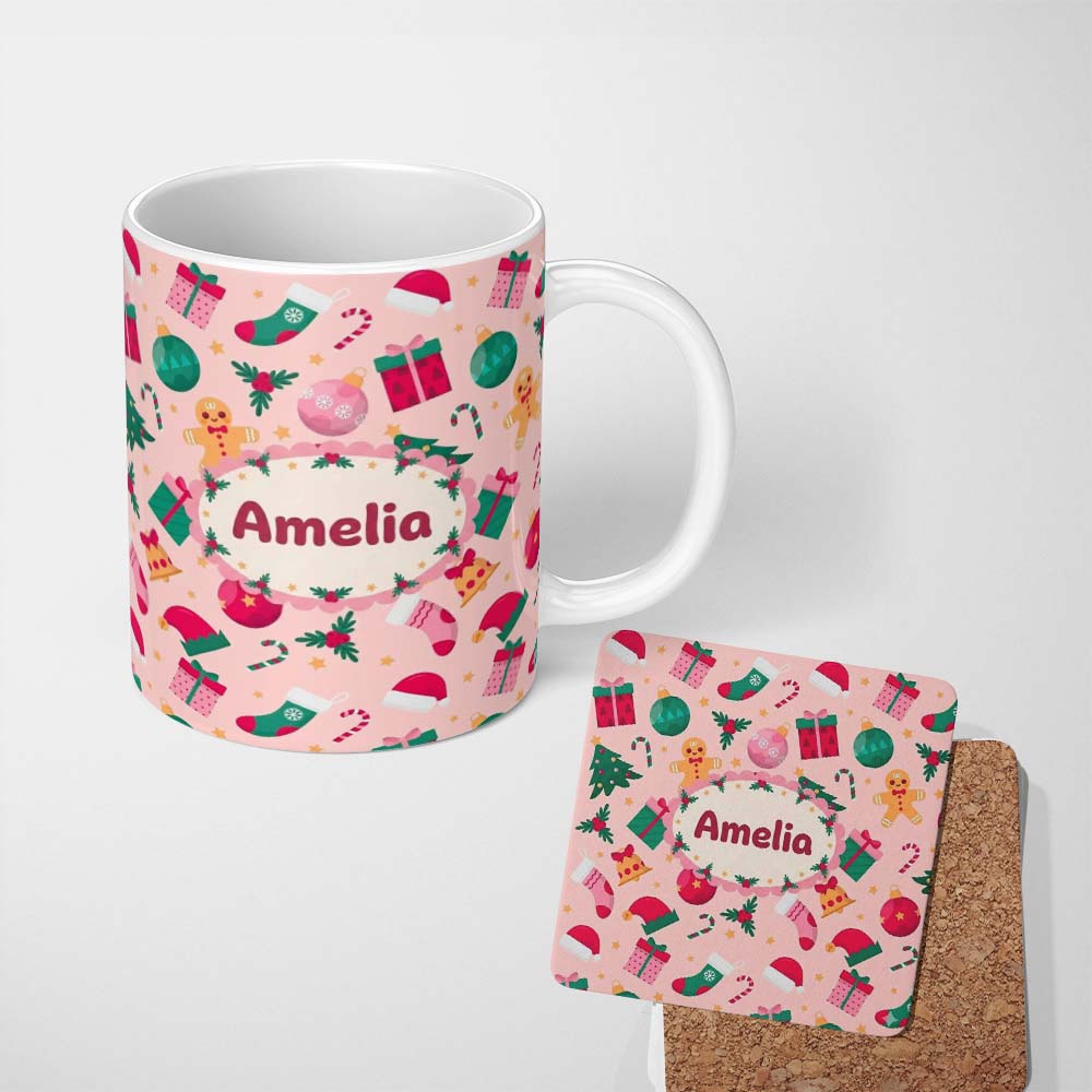 Personalized Custom Name Cute Gingerbread Candy Cane Christmas Seamless Pattern Lovely 11oz Ceramic Coffee Tea Mug White Large Handle