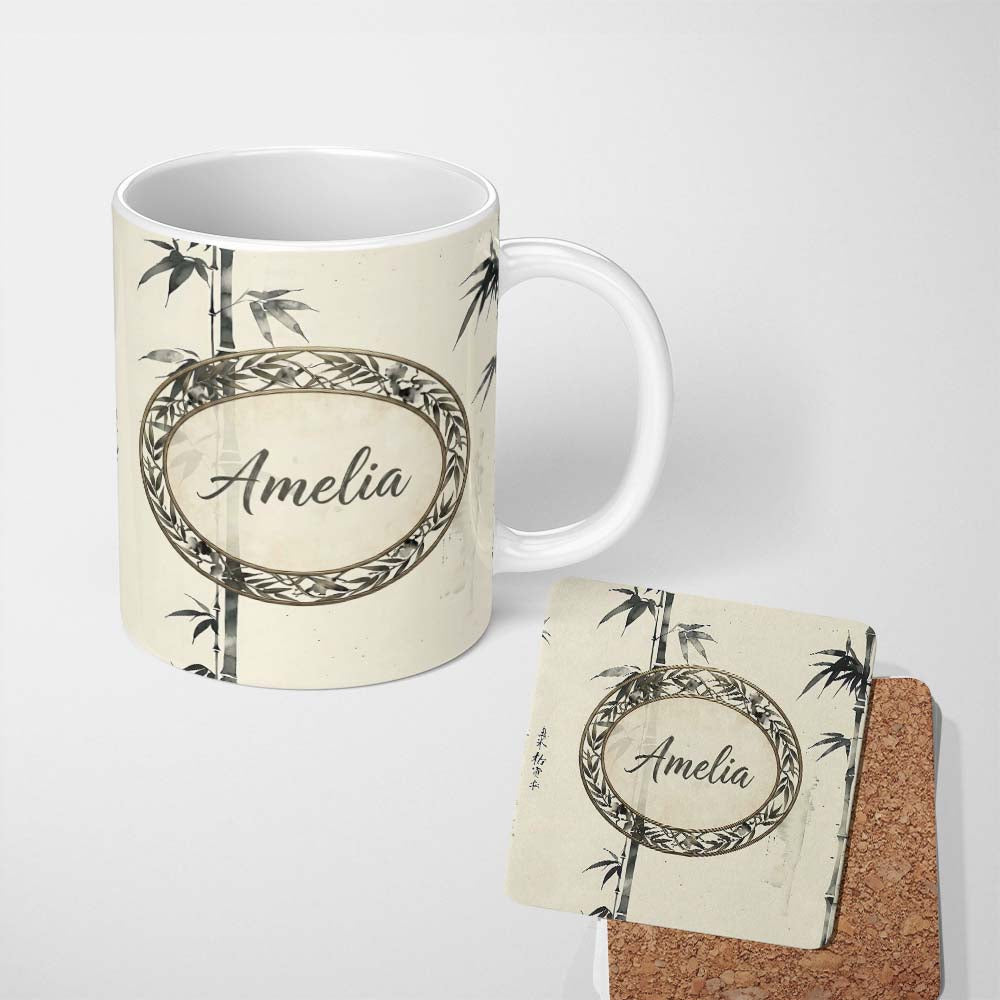 Personalized Custom Name Traditional Ink Bamboo Branch on Textured Beige Background Pattern 11oz Ceramic Coffee Tea Mug White Large Handle